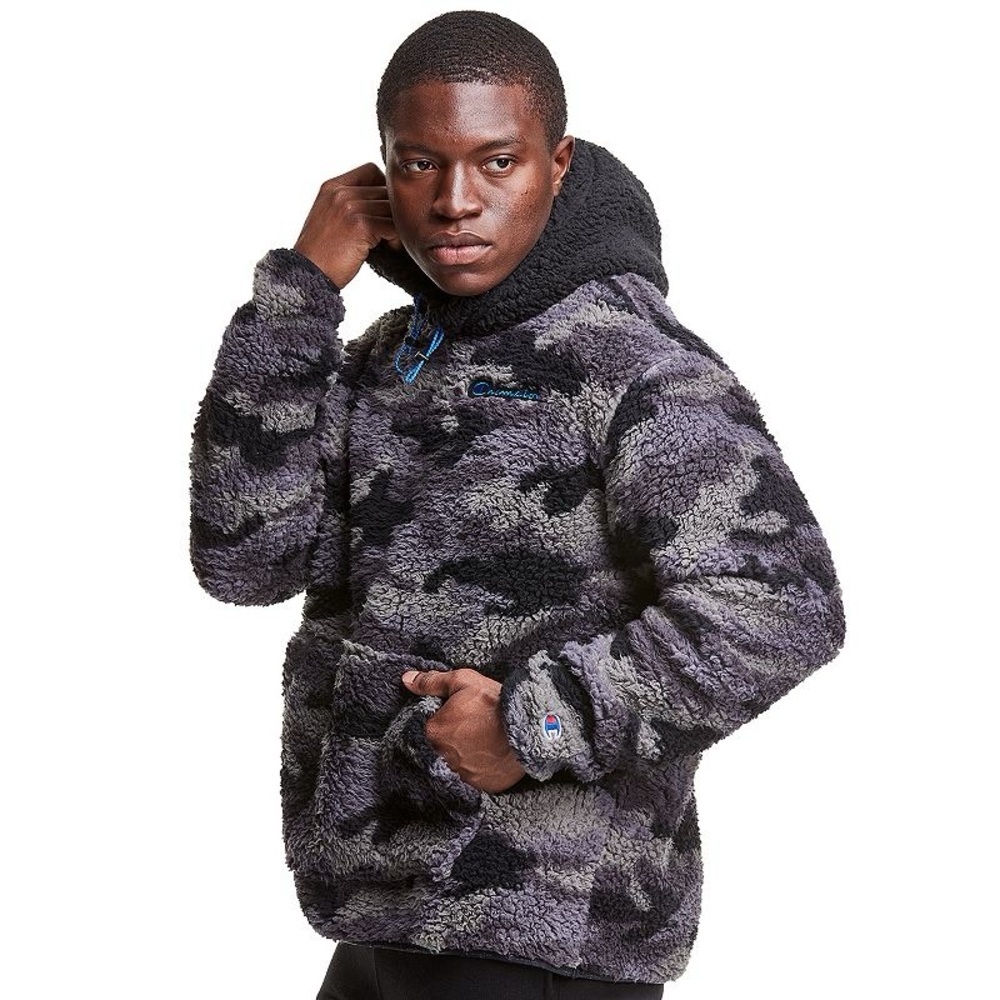 Men's Champion® Camo Sherpa Hoodie - Gravel Gray Black - Small